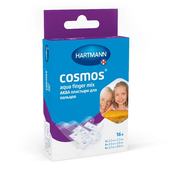 Пластырь Cosmos Aqua finger mix водостойкий, прозрачный 16 шт.